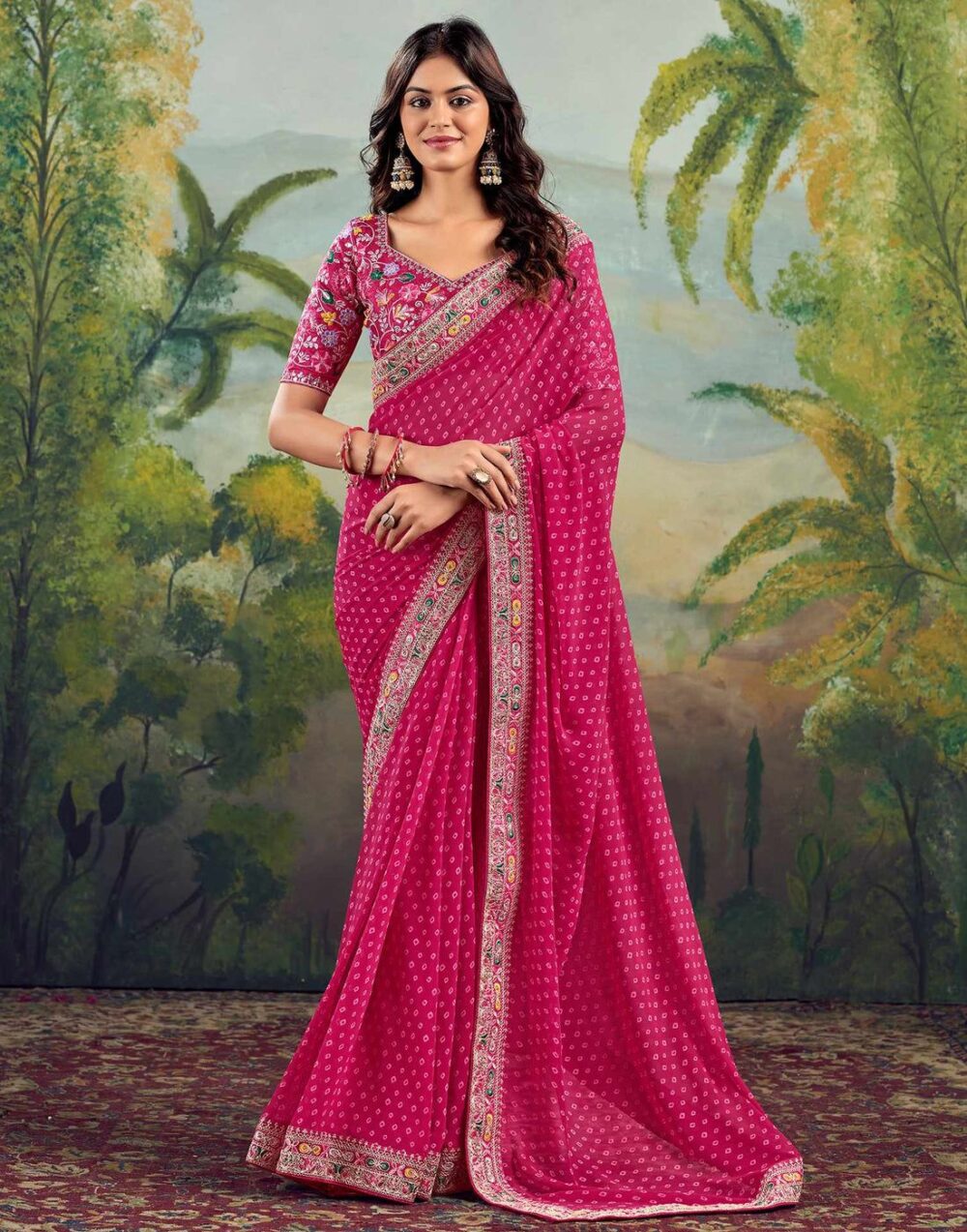 Rose Pink Bandhani Georgette Saree - Image 2