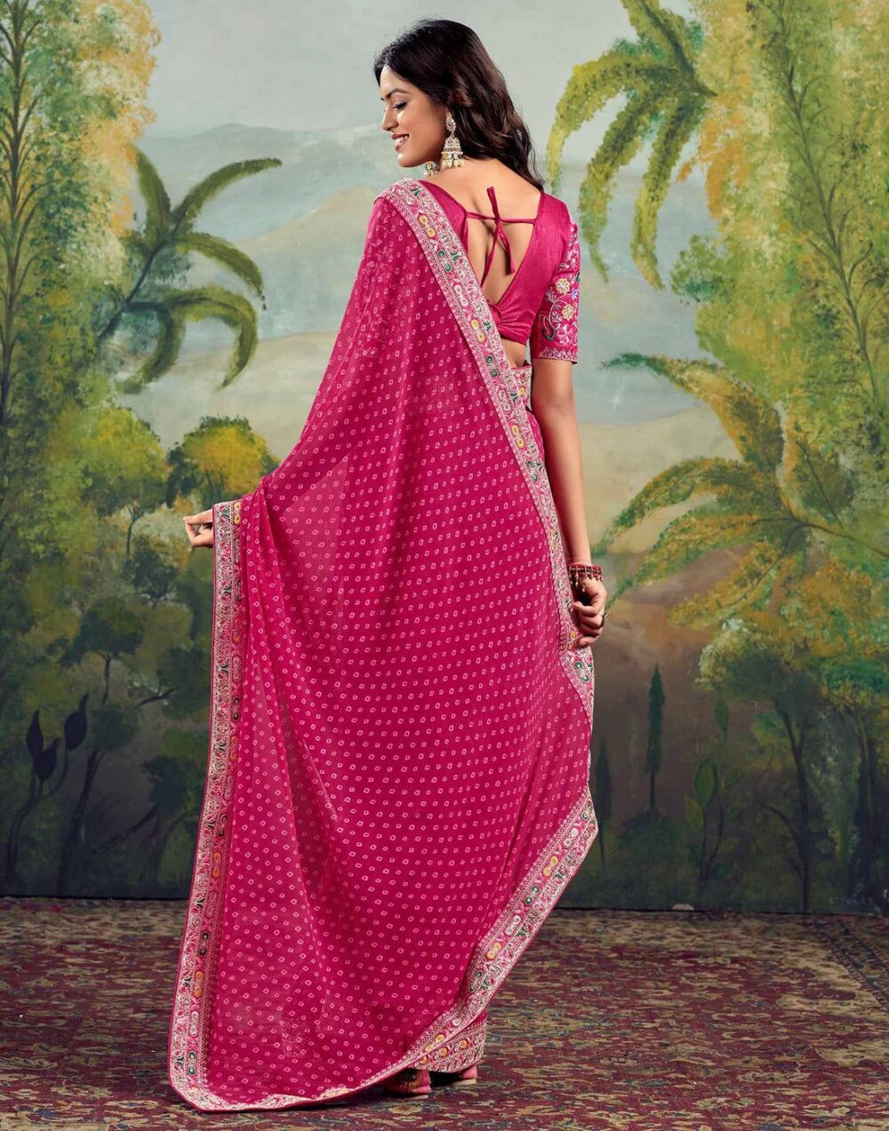 Rose Pink Bandhani Georgette Saree - Image 3