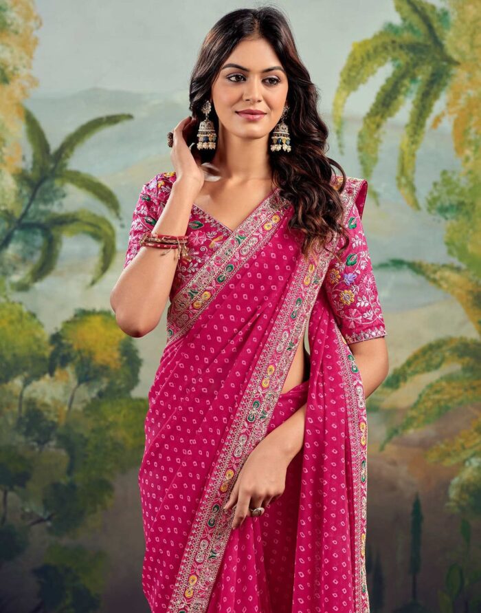 Rose Pink Bandhani Georgette Saree