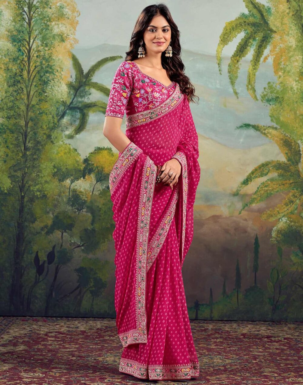 Rose Pink Bandhani Georgette Saree - Image 6