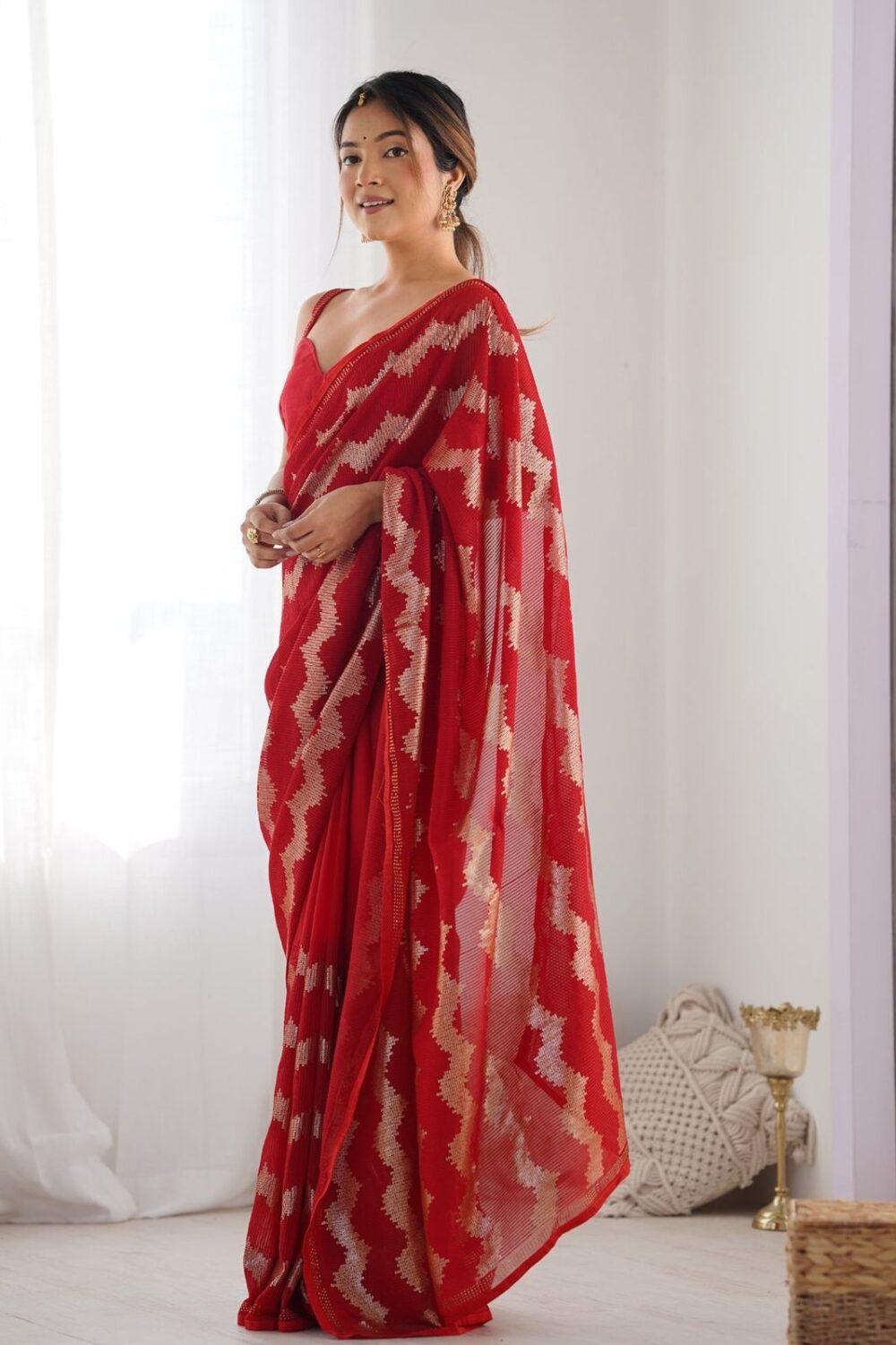 Red Sequence Saree - Image 4