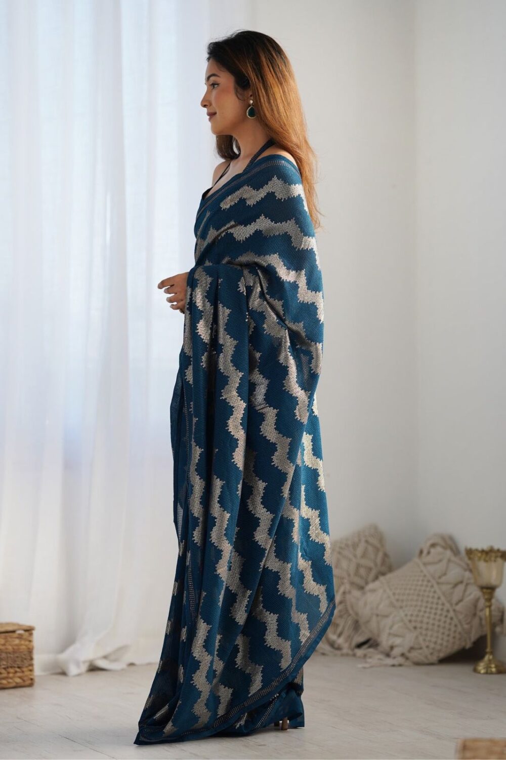Teal Blue Sequence Saree - Image 4