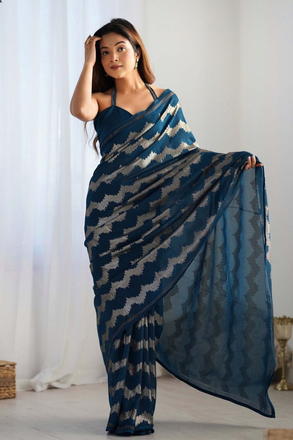 Teal Blue Sequence Saree - Image 5