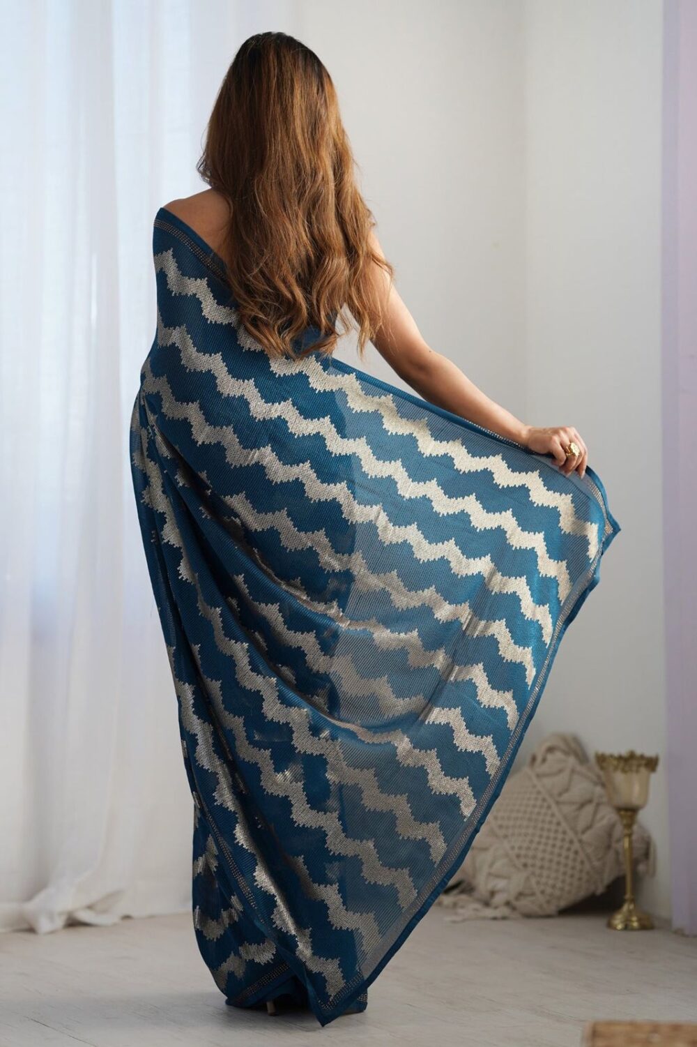 Teal Blue Sequence Saree - Image 6
