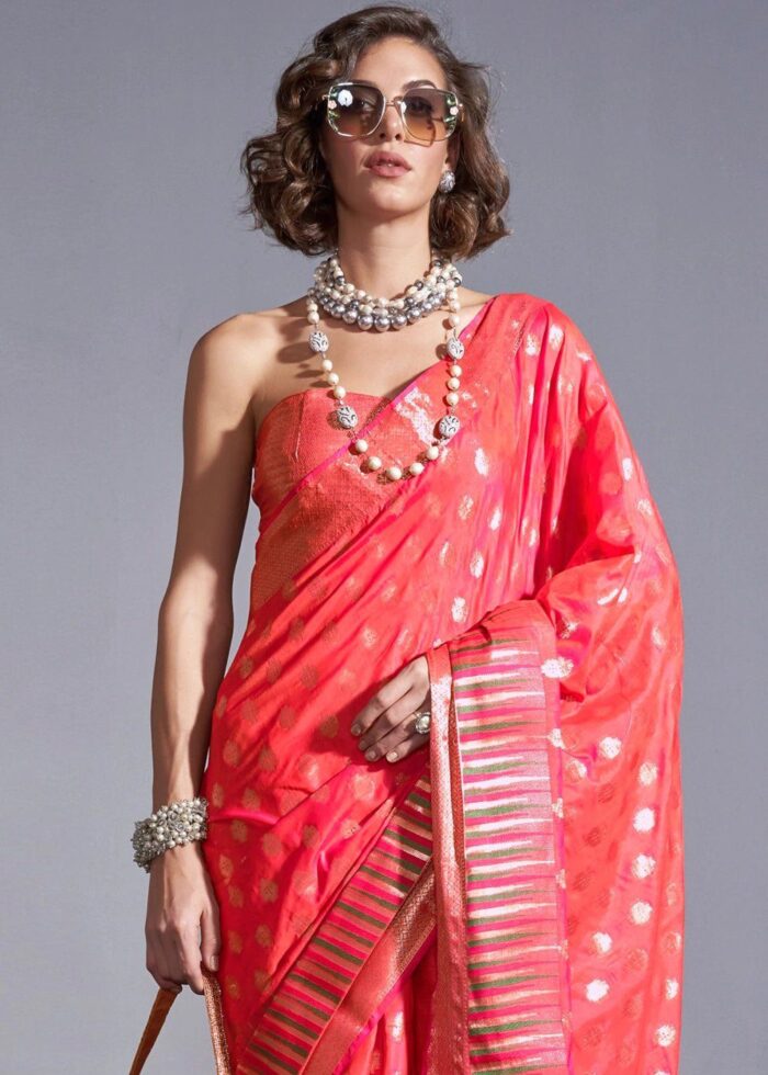 Coral Peach Silk Woven Saree