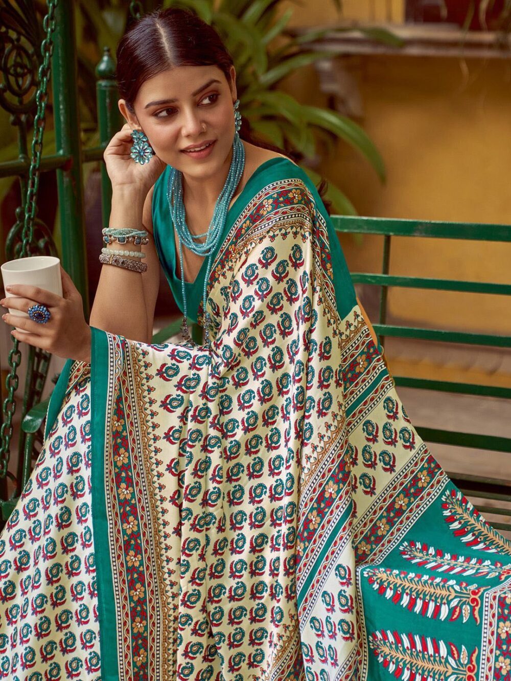 Torquoise Green Satin Saree - Image 3
