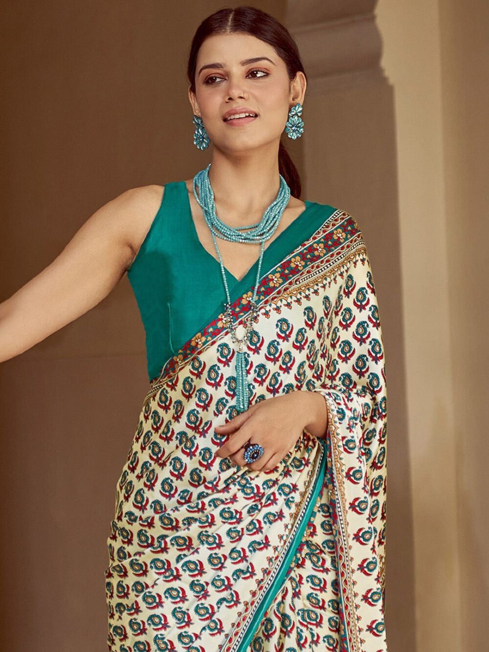 Torquoise Green Satin Saree - Image 4