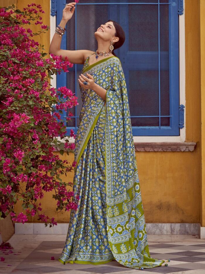 Tropical Blue Green Satin Saree