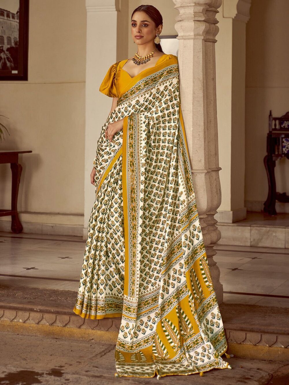 Marigold Yellow Satin Saree