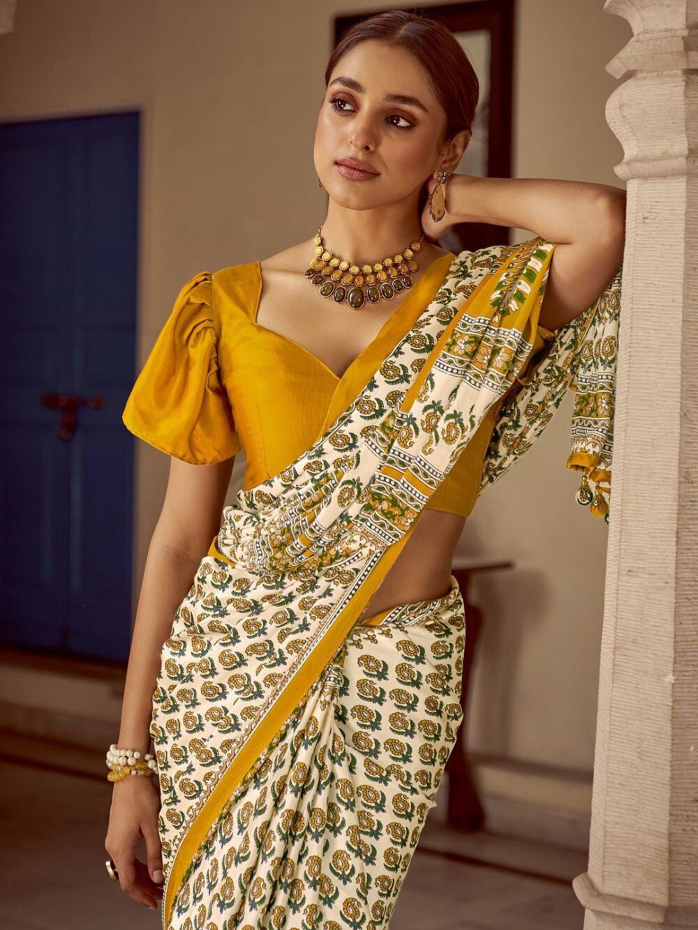 Marigold Yellow Satin Saree - Image 3