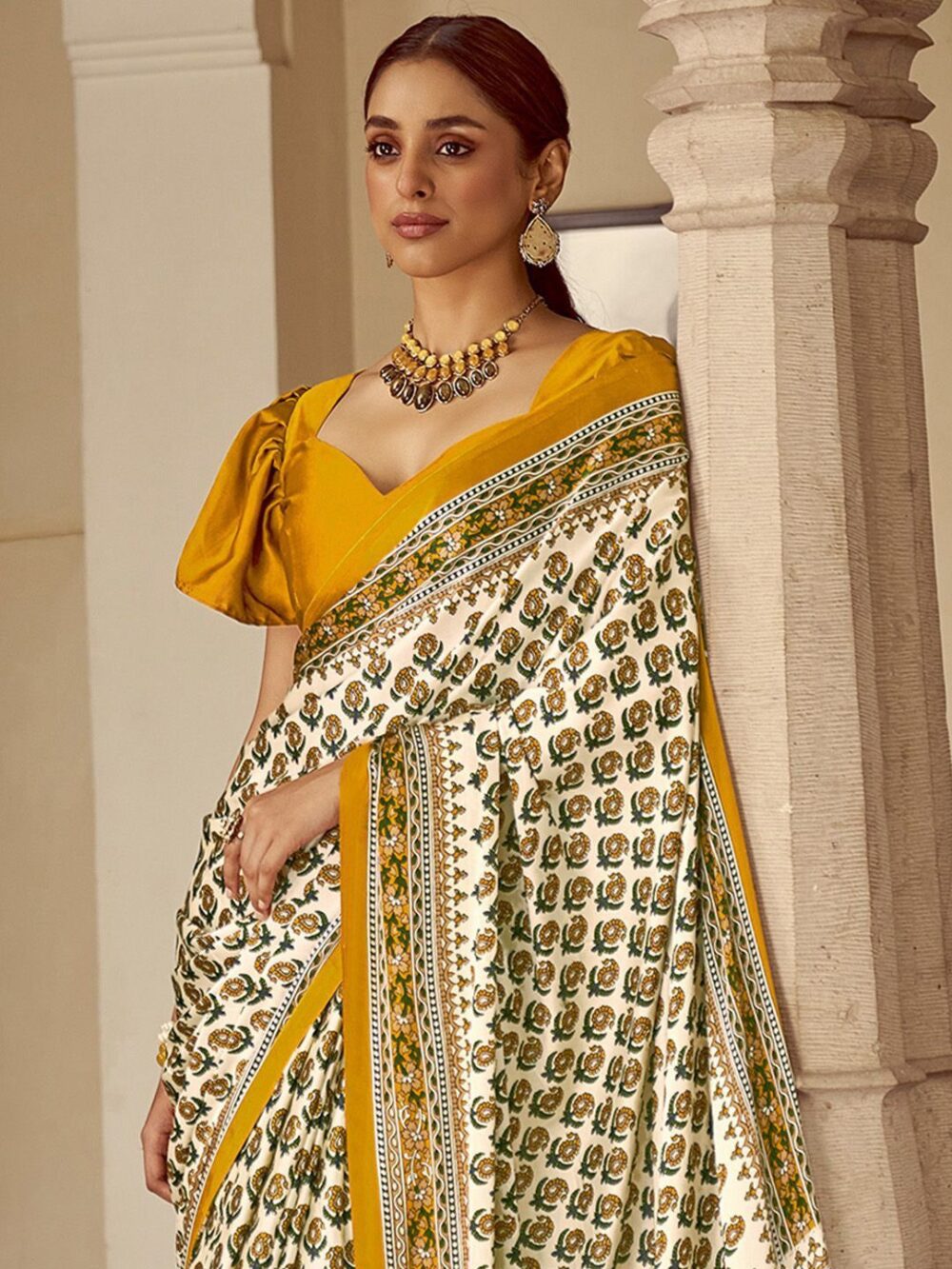 Marigold Yellow Satin Saree - Image 4