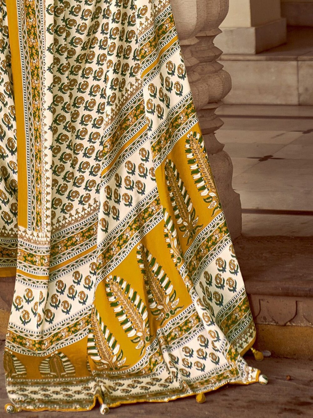 Marigold Yellow Satin Saree - Image 5