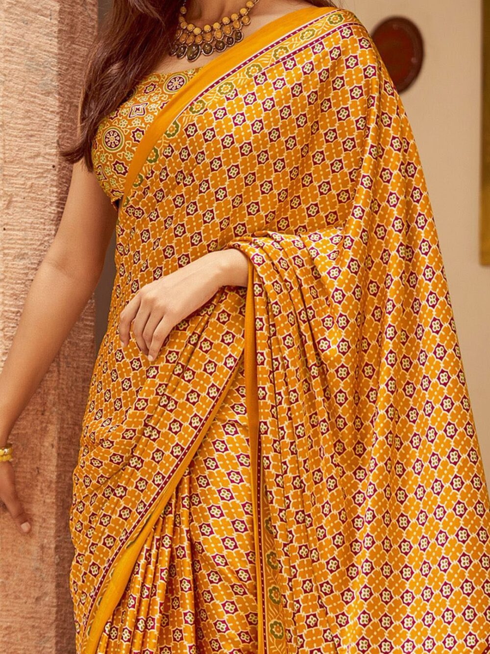 Honey Yellow Satin Saree - Image 5