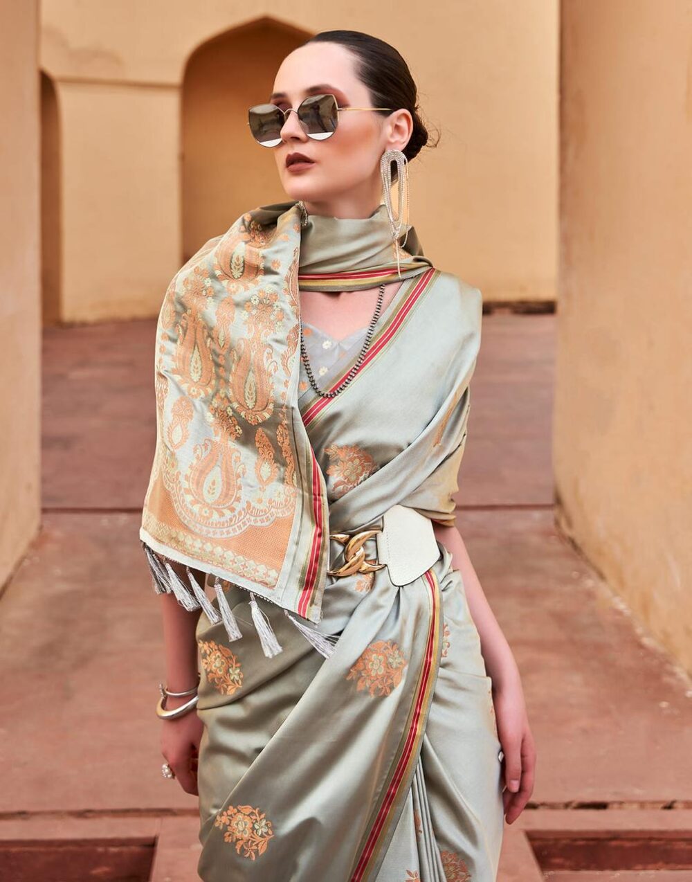 Ash Grey Satin Silk Saree - Image 4