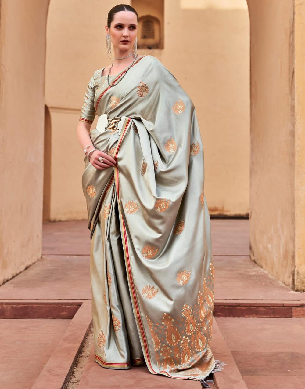 Ash Grey Satin Silk Saree - Image 5