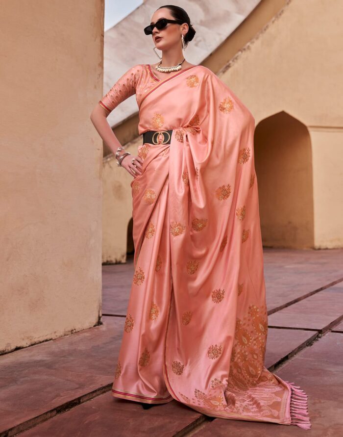 Peach Pink Satin Silk Saree