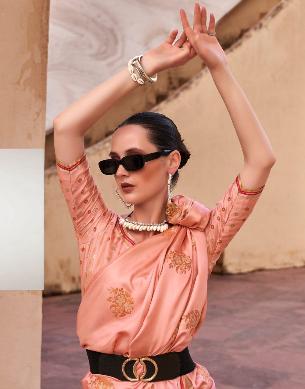 Peach Pink Satin Silk Saree - Image 3