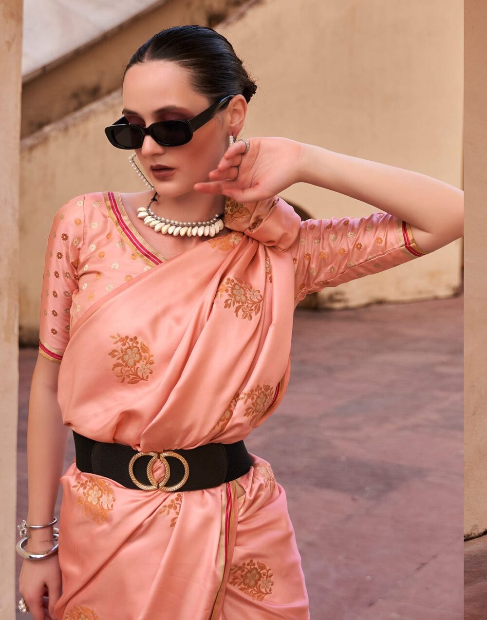Peach Pink Satin Silk Saree - Image 4