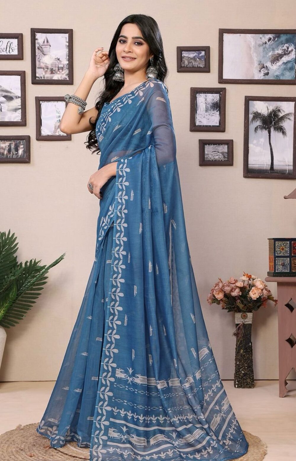 Steel Blue Ready To Wear Saree - Image 2
