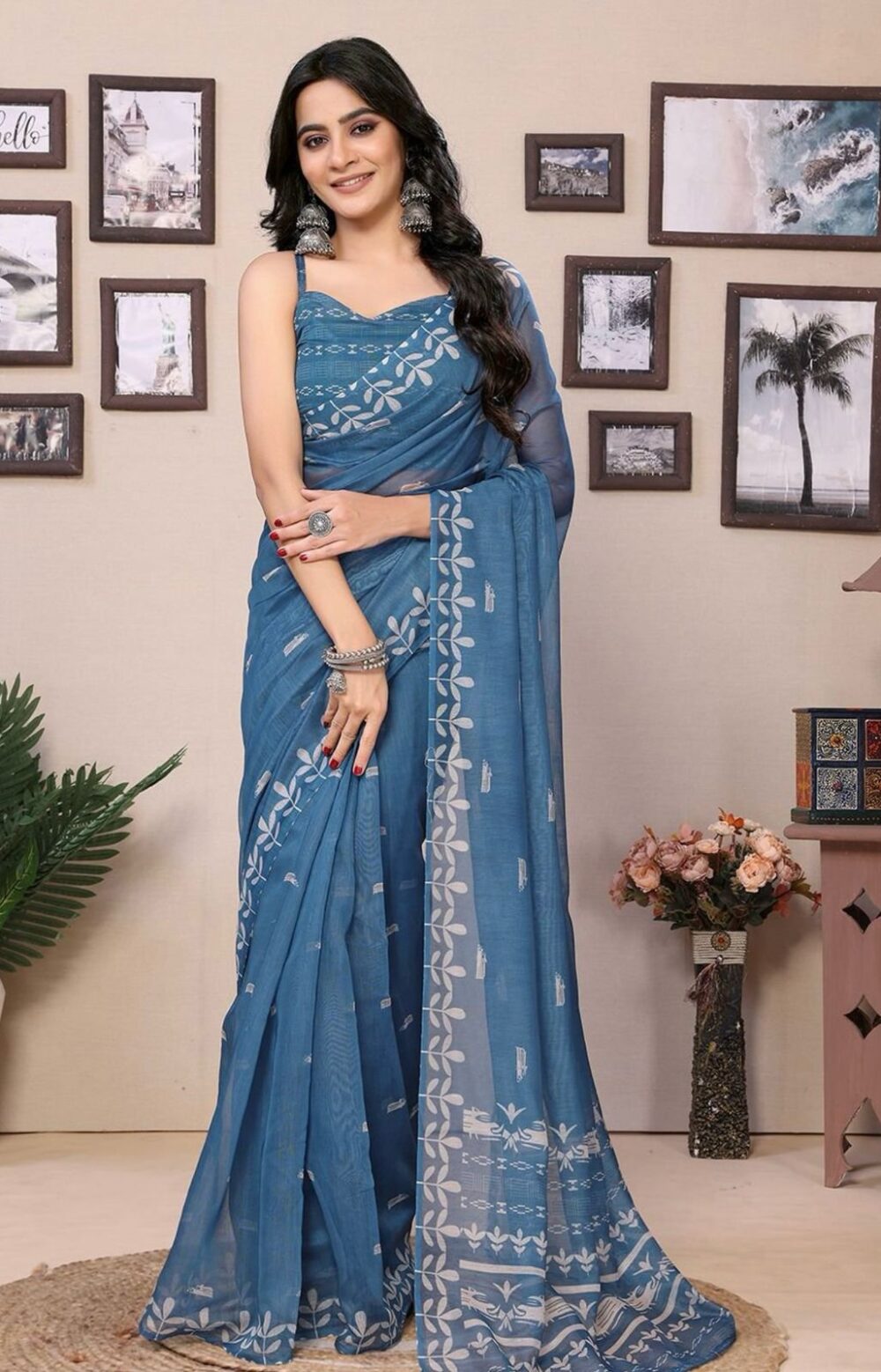 Steel Blue Ready To Wear Saree - Image 3