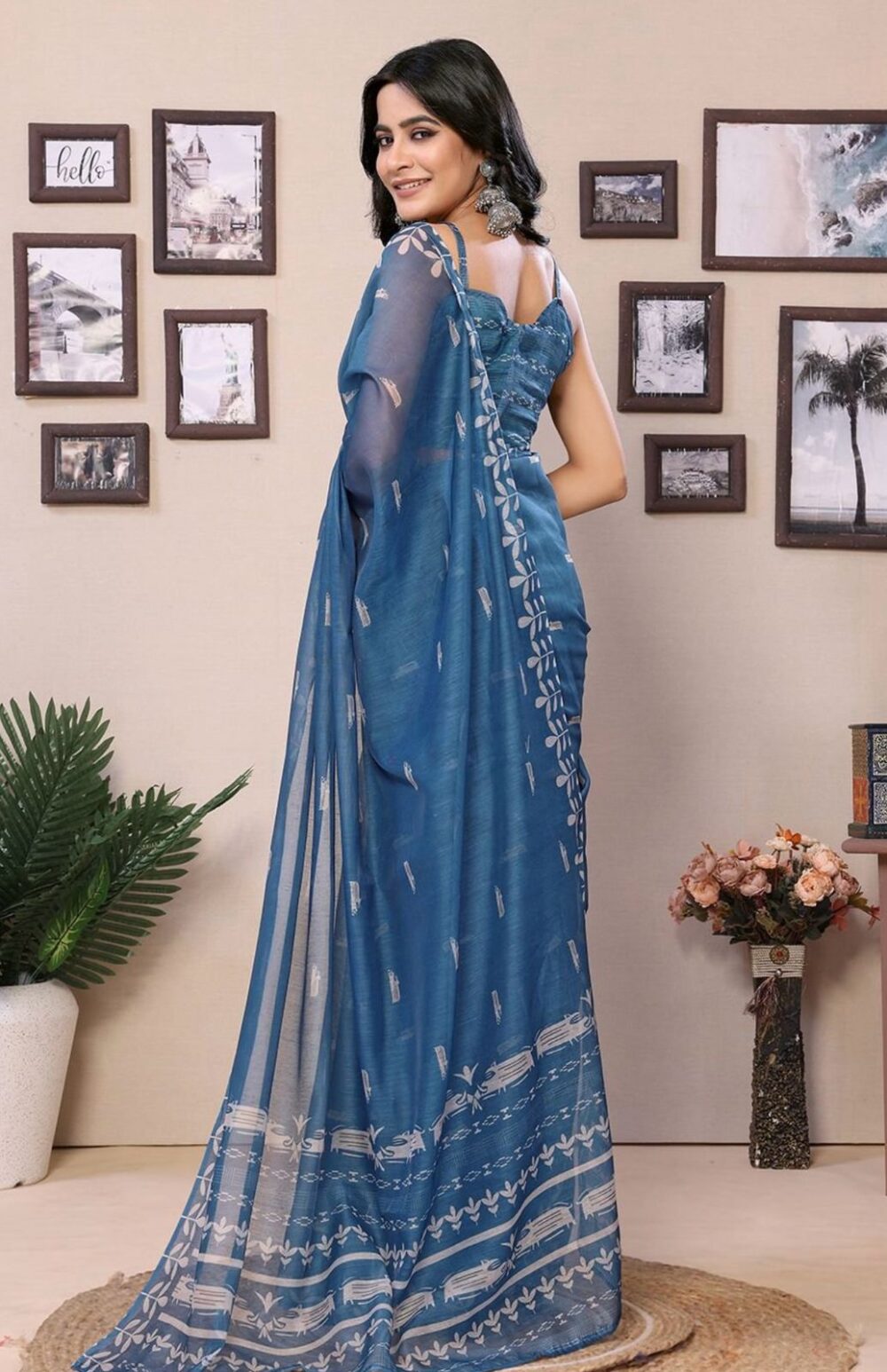 Steel Blue Ready To Wear Saree - Image 4