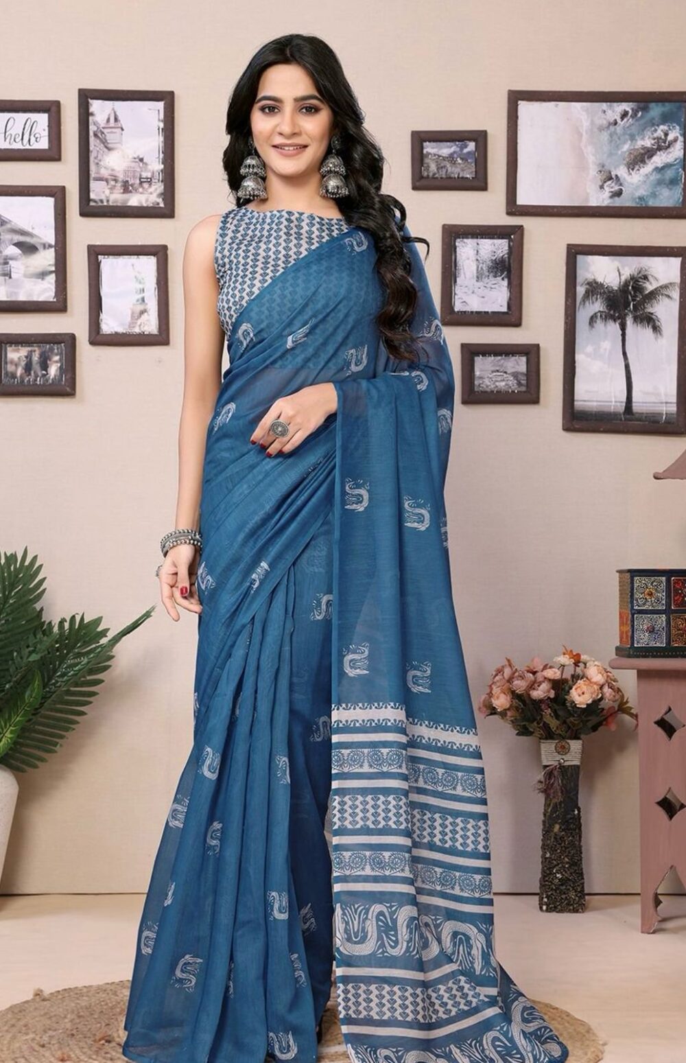Sea Blue Ready To Wear Saree - Image 4