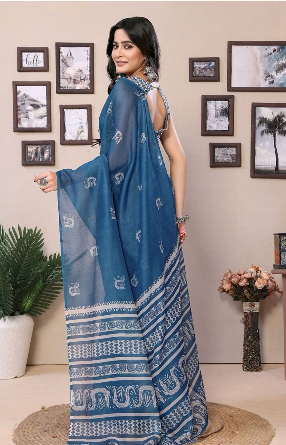 Sea Blue Ready To Wear Saree - Image 3