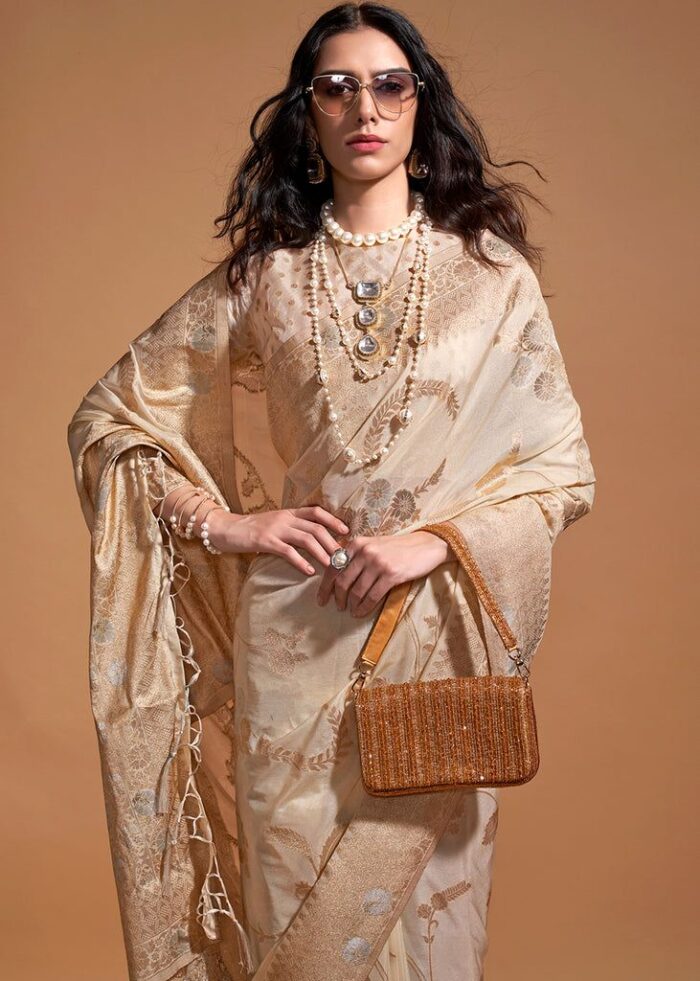 Off White Georgette Handloom Silk Saree