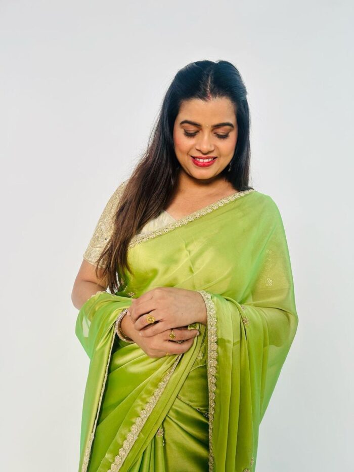 Pear Green Embroidered Silk Organza Saree