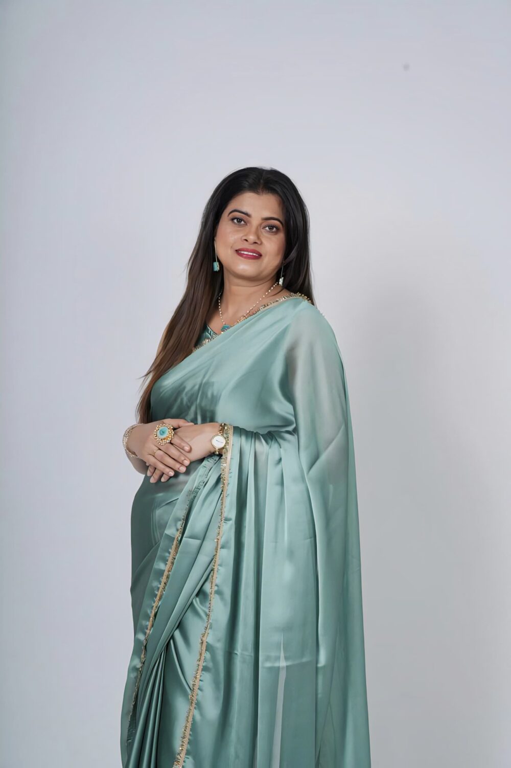 Pastel Sea Blue Silk Organza Lace Bordered Saree - Image 3