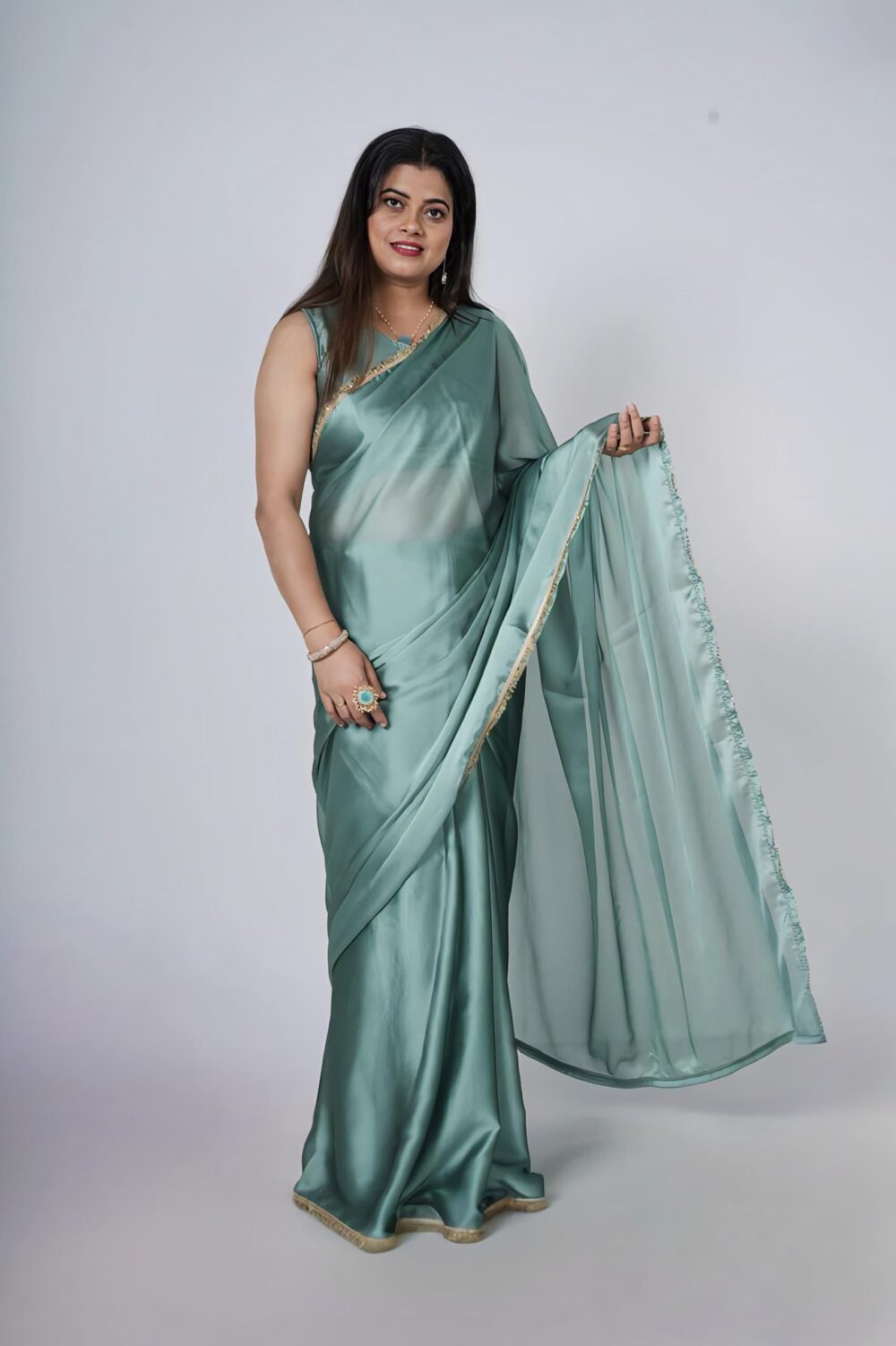 Pastel Sea Blue Silk Organza Lace Bordered Saree - Image 4