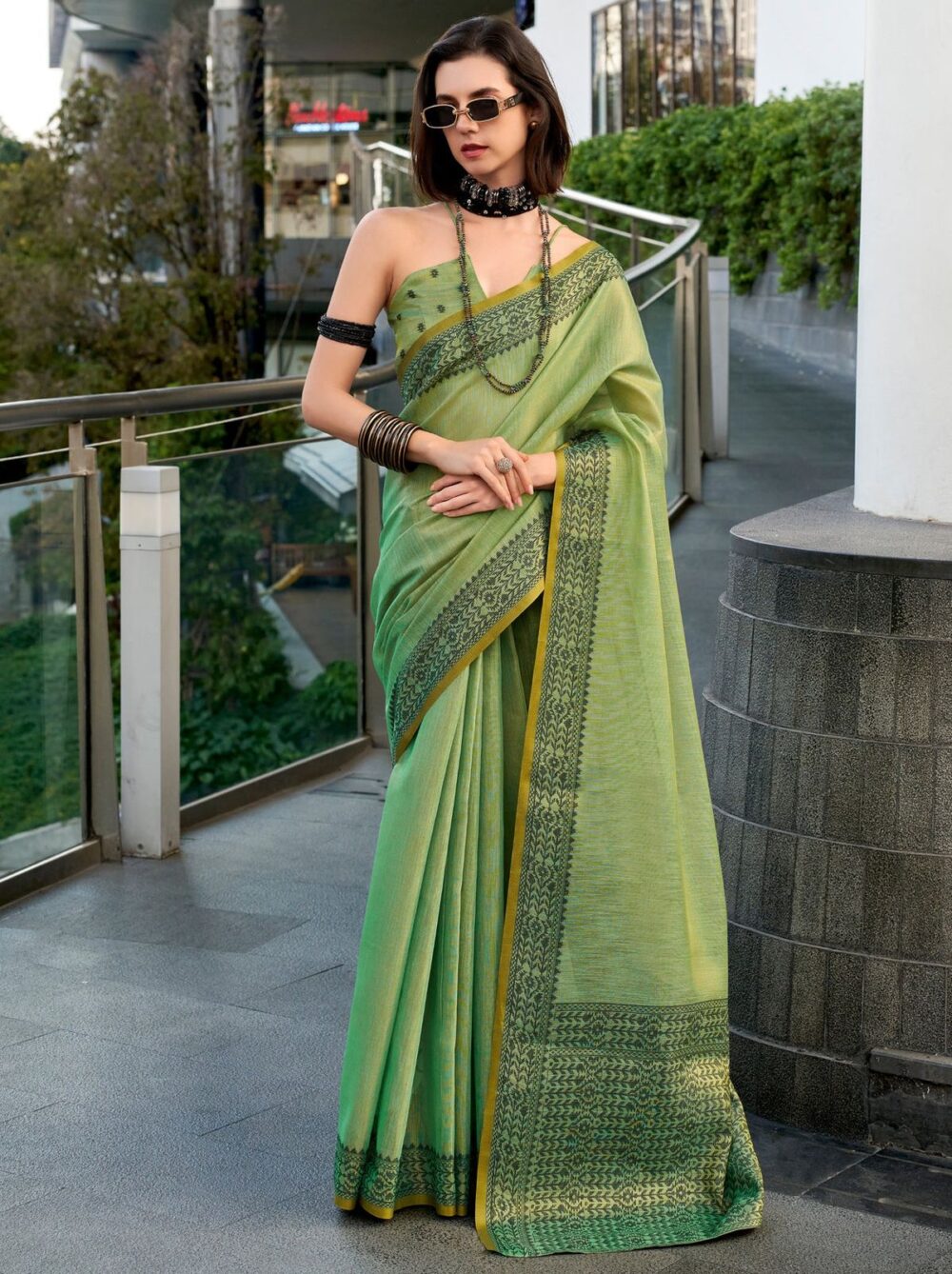 Forest Green Linen Tissue Office Wear Saree - Image 4