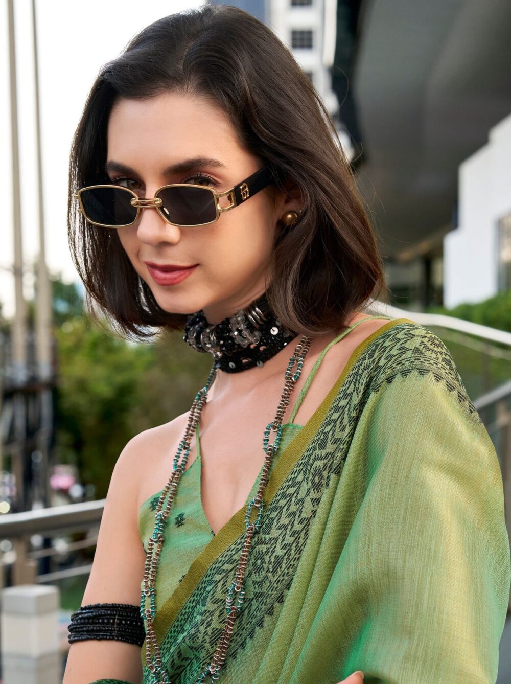 Forest Green Linen Tissue Office Wear Saree - Image 3