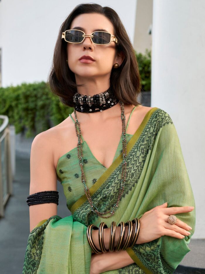 Forest Green Linen Tissue Office Wear Saree