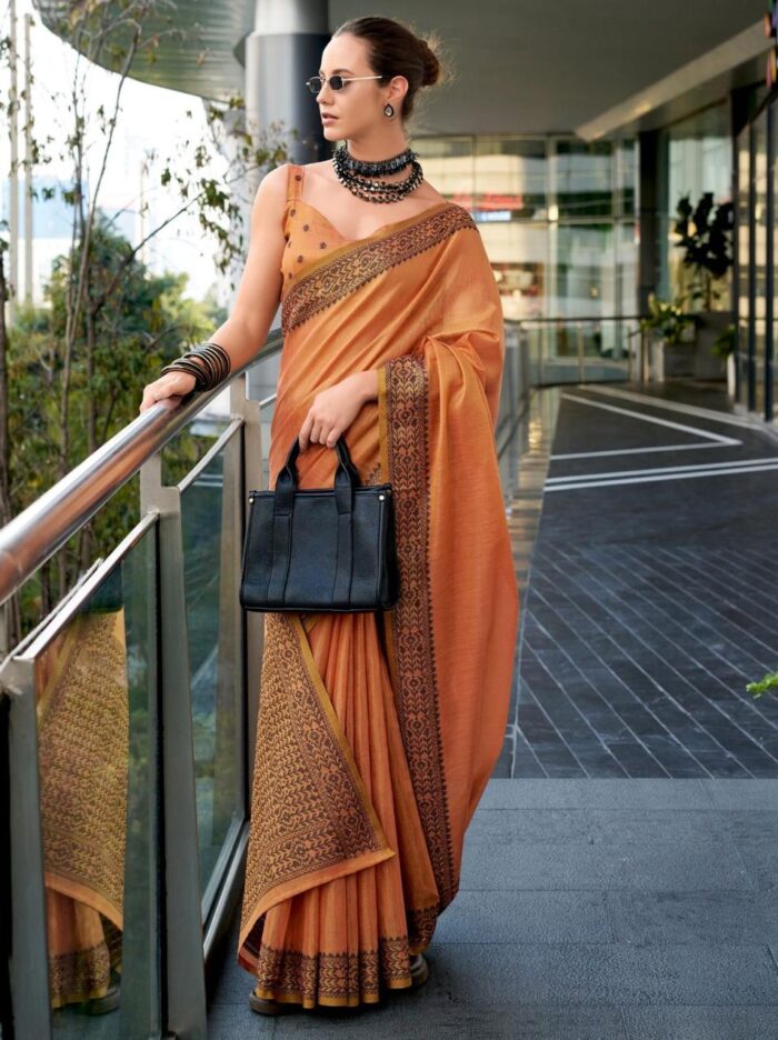 Bright Orange Linen Tissue Office Wear Saree