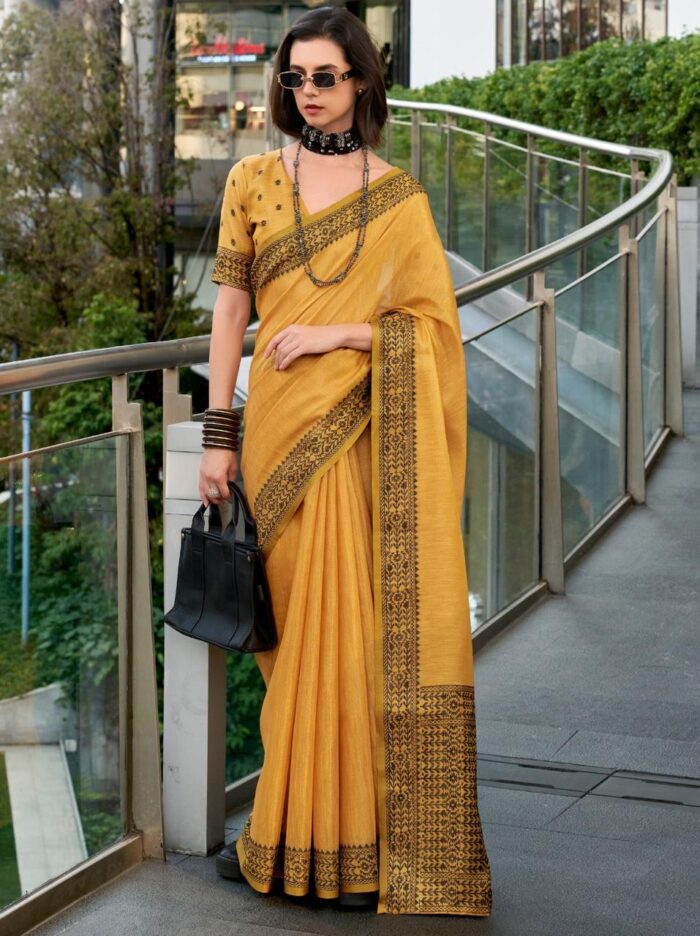 Canary Yellow Linen Tissue Office Wear Saree