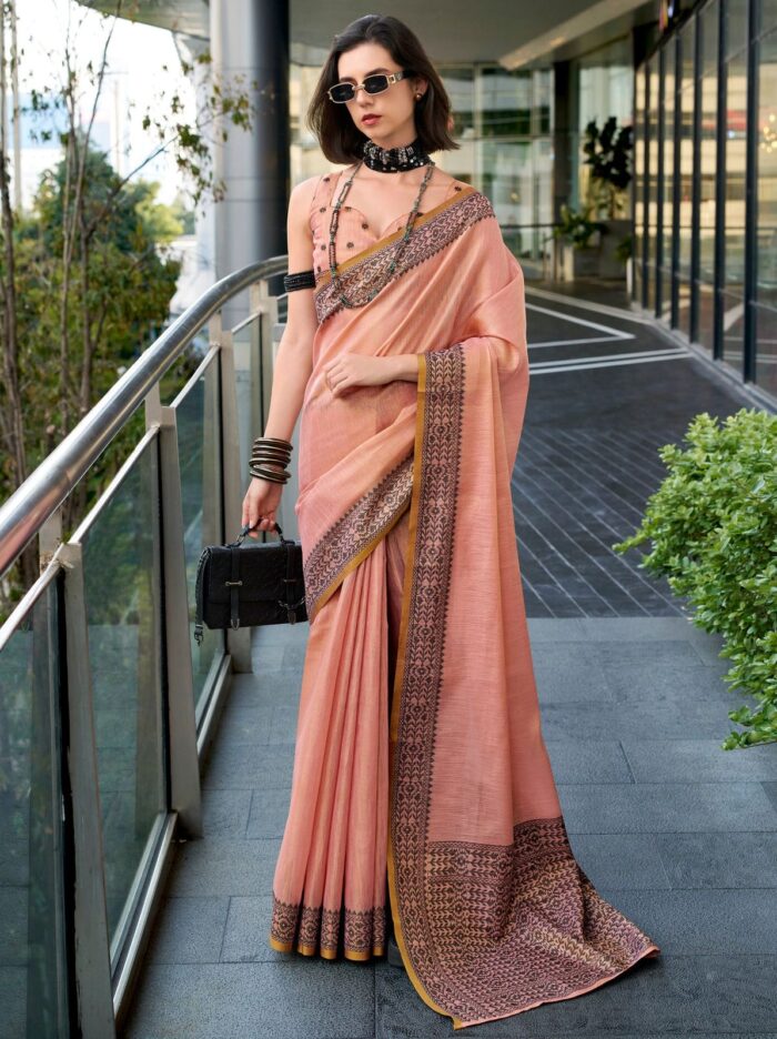 Salmon Pink Linen Tissue Office Wear Saree