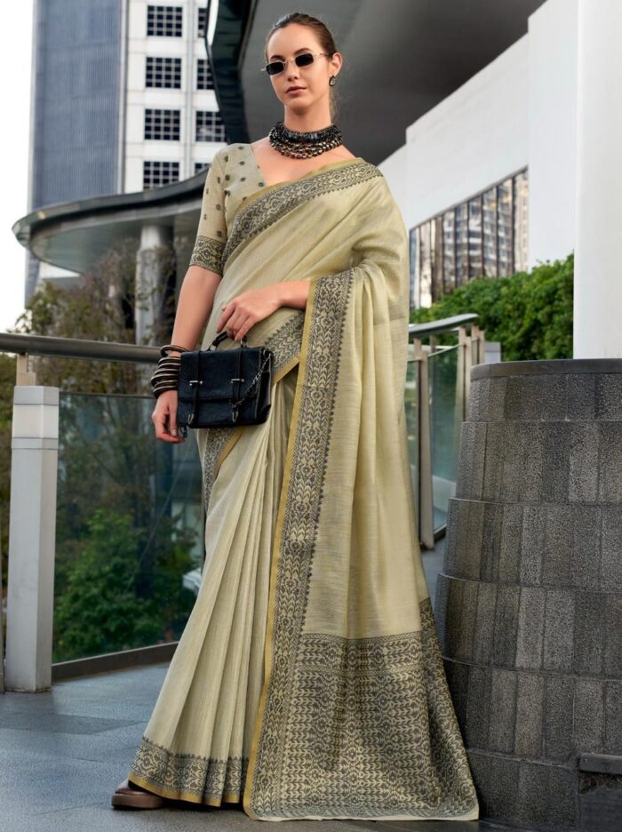 Olive Green Linen Tissue Office Wear Saree