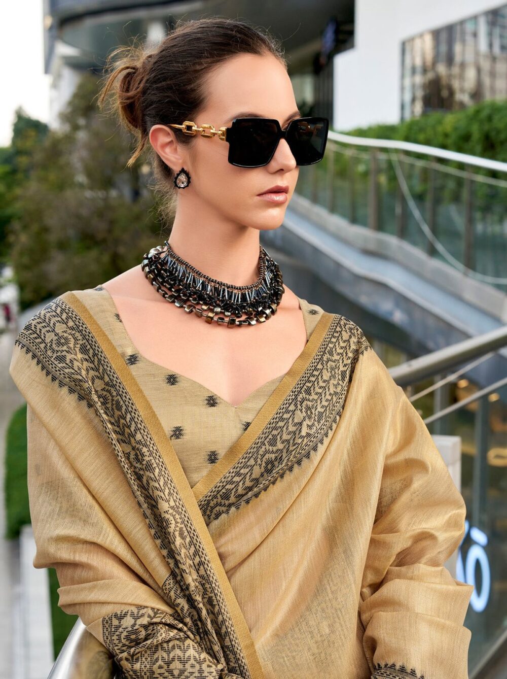 Sand Brown Linen Tissue Office Wear Saree - Image 3