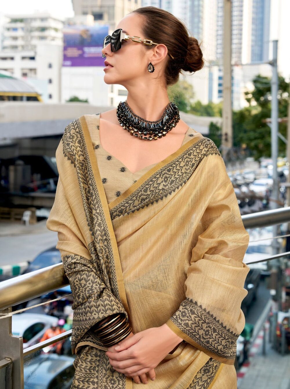 Sand Brown Linen Tissue Office Wear Saree - Image 4
