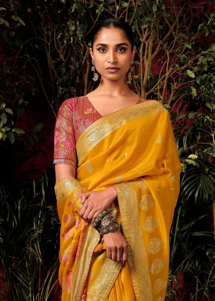 Yellow Viscose Dola Silk Saree