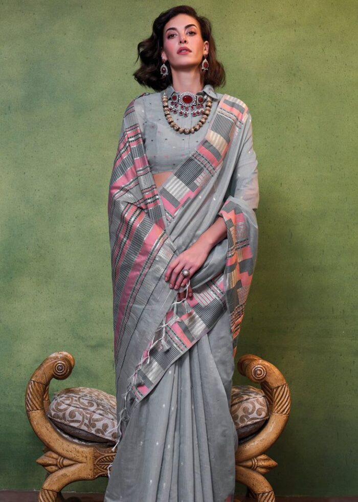 Grey Handloom Cotton Silk Saree