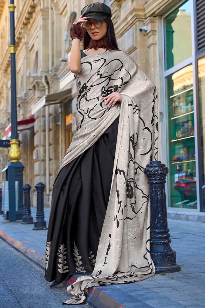 Ash Grey & Black Satin Crepe Saree