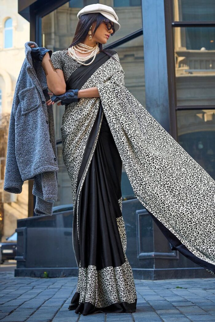Jet Black & Off White Satin Crepe Saree