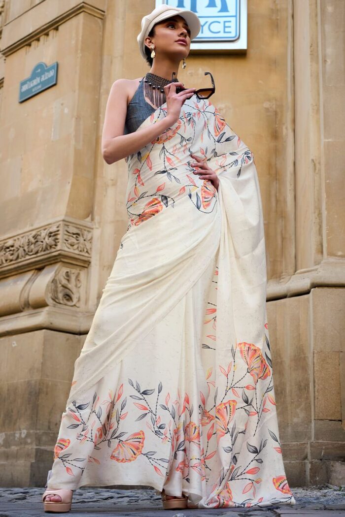 Off White Floral Print Satin Crepe Saree