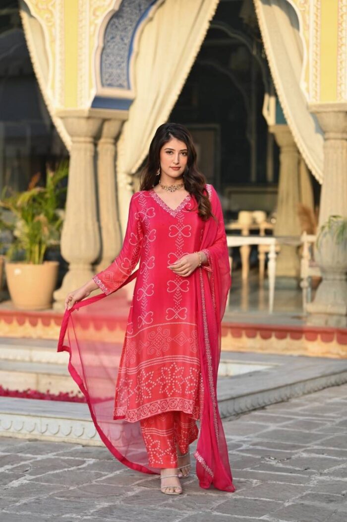 Ombre Bandhani Bliss – Chinnon Suit Set in Vibrant Pink