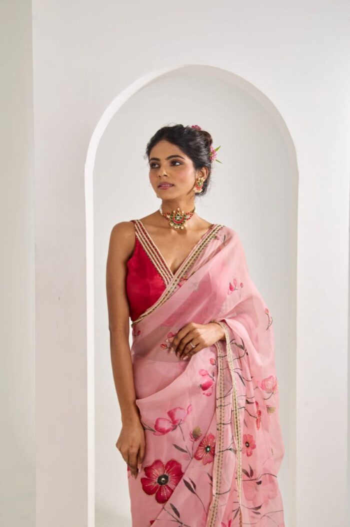 Cute Pink Organza Silk Saree