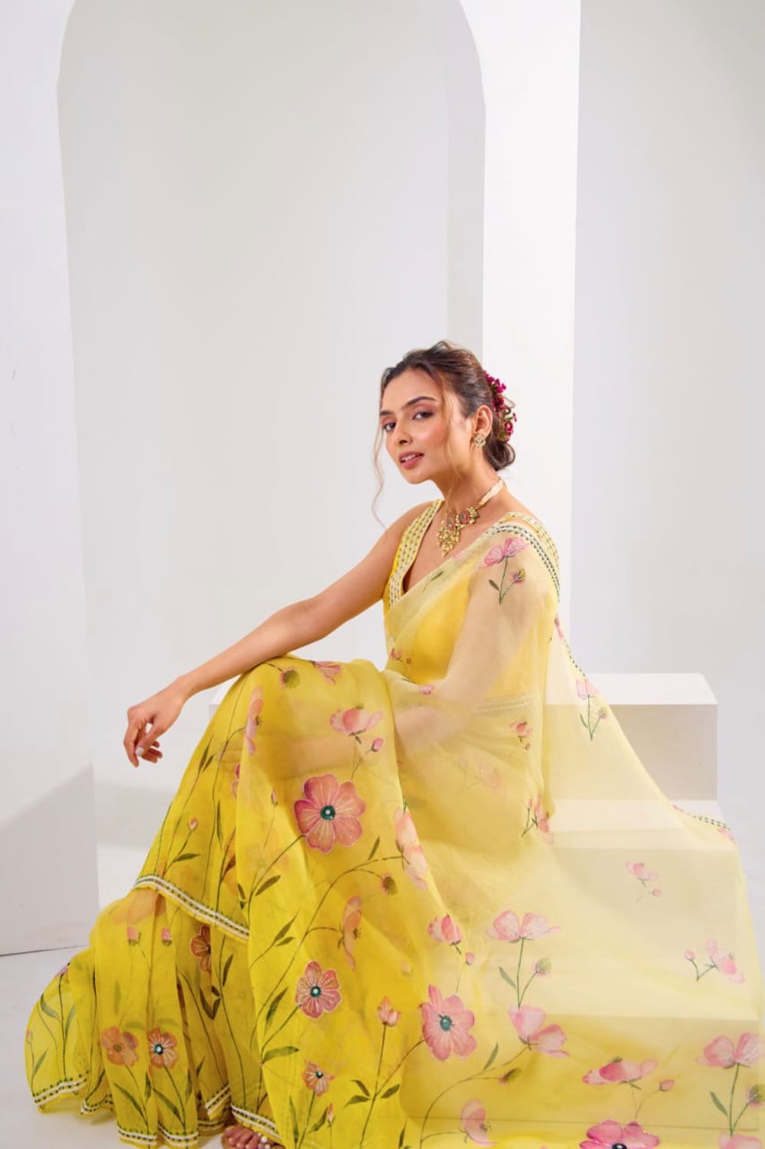 Classy Yellow Organza Silk Saree