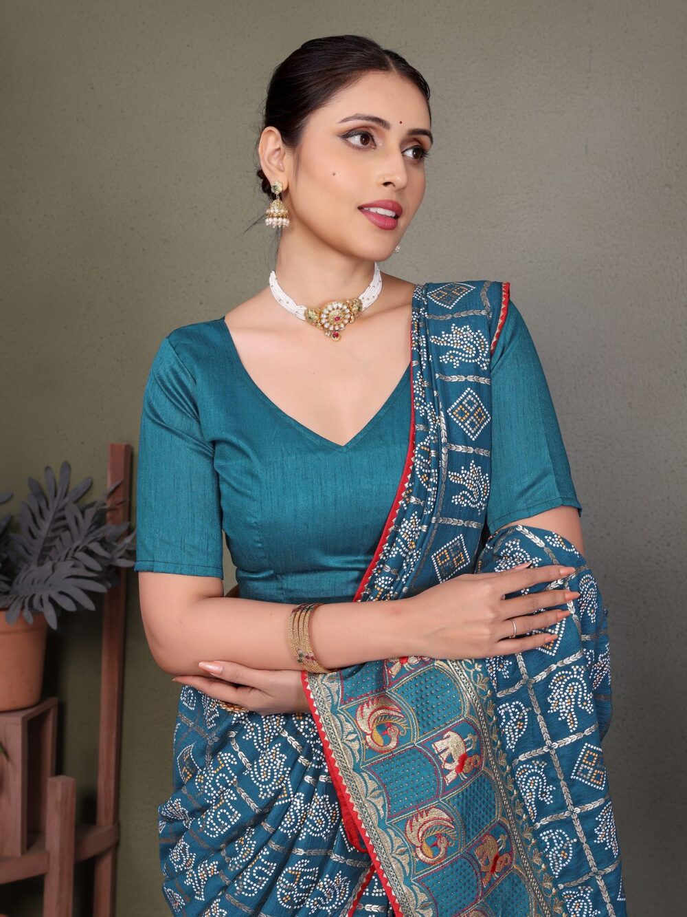 Teal Blue Bandhej Saree - Image 2