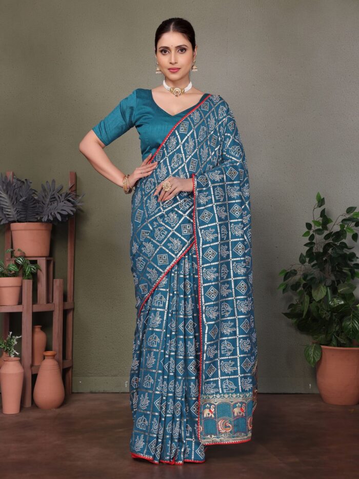 Teal Blue Bandhej Saree